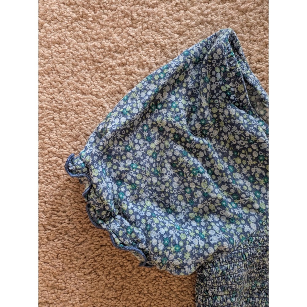 Aerie Smocked Crop Top Large Blue Green Ditsy Floral Square Neck Puff Sleeve - Picture 2 of 7
